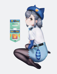 Rule 34 | 1girl, beleven, beret, black pantyhose, blue bow, blue bowtie, blue hat, blue skirt, blue sleeves, bow, bowtie, collared shirt, detached sleeves, green eyes, grey hair, hat, high-waist skirt, highres, hikari (kemono friends), kemono friends, kemono friends 3, looking at viewer, looking back, no shoes, pantyhose, shirt, short hair, short sleeves, sidelocks, sitting, skirt, solo, translation request, wariza, white shirt