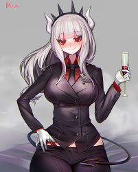 Rule 34 | black tail, blouse, blush, crown, cup, demon girl, demon tail, drinking glass, formal, gloves, grey background, half-closed eyes, hand on own hip, headgear, heart, heart-shaped pupils, helltaker, highres, holding glass, horns, long hair, looking at viewer, lucifer (helltaker), mole, mole under eye, necktie, object on breast, panties, papupu, red panties, red shirt, shiny clothes, shirt, sitting, skin tight, smile, solo, steam, suit, symbol-shaped pupils, tail, underwear, white hair, wine glass