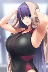 Rule 34 | 1girl, armpits, arms up, bare shoulders, black one-piece swimsuit, blue eyes, blunt bangs, blush, breasts, competition swimsuit, fate/grand order, fate (series), gachou, highres, huge breasts, large breasts, long hair, looking at viewer, martha (fate), one-piece swimsuit, parted lips, purple hair, smile, solo, straight hair, swimsuit, towel, towel on head, translation request, wet