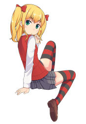 Rule 34 | 1girl, blonde hair, bow, cardigan, green eyes, hair bow, hinomiya niho, jito, looking back, school girl strikers, sitting, skirt, solo, striped clothes, striped thighhighs, thighhighs, two side up