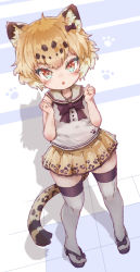 Rule 34 | 1girl, animal ears, black bow, black thighhighs, bow, brown eyes, character request, check character, child, full body, hair bow, highres, jaguar (kemono friends), jaguar ears, jaguar tail, kemono friends, kolshica, looking at viewer, orange hair, orange skirt, short hair, skirt, sleeveless, solo, tail, thighhighs
