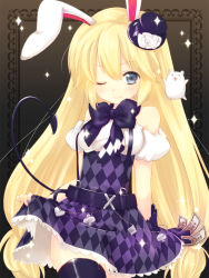 Rule 34 | 10s, 1girl, ai mai! moe can change!, animal, animal ears, bad id, bad pixiv id, bare shoulders, black thighhighs, blonde hair, blue eyes, bow, bowtie, character request, checkered clothes, checkered dress, clothes lift, clubs, demon tail, diamond (gemstone), dress, dress lift, gloves, hamster, hat, heart, long hair, mini hat, mini top hat, money, nicholas keiji, one eye closed, rabbit ears, smile, solo, spade, tail, thighhighs, top hat, weapon, wink