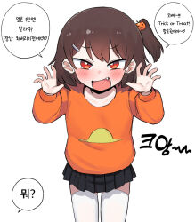 Rule 34 | 1girl, :d, ame-chan (lakilolom), black skirt, blush, brown hair, comic, commentary, english commentary, fang, food-themed hair ornament, hair ornament, hairclip, hands up, highres, jack-o&#039;-lantern, jack-o&#039;-lantern hair ornament, korean text, lakilolom, long sleeves, looking at viewer, mesugaki, one side up, open mouth, orange shirt, original, pleated skirt, puffy long sleeves, puffy sleeves, pumpkin hair ornament, red eyes, shirt, simple background, skirt, smile, solo, thighhighs, translation request, trick or treat, white background, white thighhighs