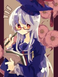 Rule 34 | 1girl, adapted costume, bespectacled, blue hair, blue hat, blue shirt, book, closed mouth, collared shirt, commentary, flower, glasses, hat, highres, holding, holding book, holding pencil, kamishirasawa keine, light blue hair, long hair, long sleeves, looking at viewer, nikorashi-ka, notice lines, one-hour drawing challenge, pencil, pink flower, red-framed eyewear, red eyes, semi-rimless eyewear, shirt, solo, tokin hat, touhou, under-rim eyewear, upper body