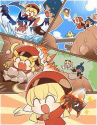 Rule 34 | 1boy, 2girls, ^ ^, blonde hair, blue hair, chibi, chibi only, child, climbing, closed eyes, dark-skinned male, dark skin, emphasis lines, enpitsu01, excited, genshin impact, hat, highres, jean (genshin impact), kaeya (genshin impact), klee (genshin impact), multiple girls, nervous sweating, open mouth, smile, sweat, water