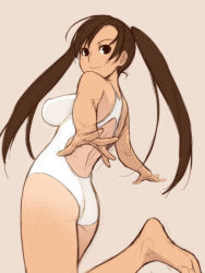 Rule 34 | 1girl, ass, barefoot, brown eyes, brown hair, feet, foreshortening, impossible clothes, impossible swimsuit, ino (magloid), kousaka rino, long hair, one-piece swimsuit, otome function, simple background, sketch, soles, solo, swimsuit, toes, twintails