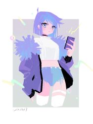 Rule 34 | 1girl, alternate hair color, black choker, blue eyes, cellphone, choker, commentary request, cowboy shot, crop top, cropped legs, denim, denim shorts, fur-trimmed jacket, fur trim, grey background, hand in pocket, highres, holding, holding phone, jacket, marina (mrn9), mazaki anzu, parted lips, phone, purple hair, purple jacket, shirt, short hair, short shorts, shorts, smartphone, solo, thighhighs, white background, white shirt, white thighhighs, yu-gi-oh!