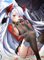 Rule 34 | 1girl, :o, absurdres, antenna hair, ass, azur lane, black gloves, black thighhighs, blue sky, blush, breasts, brown eyes, bubble, buttons, cloud, commentary request, cross, day, finger to mouth, garter straps, gloves, hair ornament, hand up, highres, knees up, kotomaru (sirouko9511), large breasts, long hair, long sleeves, looking at viewer, machinery, mole, mole on breast, outdoors, parted lips, partially submerged, prinz eugen (azur lane), rigging, sidelocks, sitting, sky, solo, starfish, swept bangs, thighhighs, two side up, very long hair, water, white hair