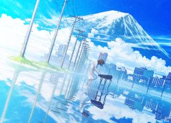 Rule 34 | 1girl, blue sky, brown hair, cloud, commentary request, day, dress, dutch angle, from side, instrument, keyboard (instrument), mocha (cotton), mount fuji, mountain, music, original, outdoors, playing instrument, power lines, reflection, scenery, shallow water, short sleeves, sky, skyline, solo, standing, utility pole, wading, white dress