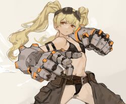 Rule 34 | 1girl, absurdres, arm strap, belt, bikini, black bikini, blonde hair, brown belt, chinese commentary, commentary request, cowboy shot, fighting stance, flat chest, gauntlets, goggles, goggles on head, highres, long hair, orange eyes, original, pouch, serious, solipsist, solo, swimsuit, twintails, v-shaped eyebrows