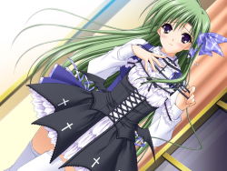 Rule 34 | 00s, 1girl, clothes hanger, clothes in front, covering privates, dress, dutch angle, game cg, green hair, long hair, non-web source, official art, purple eyes, really? really!, ribbon, shigure asa, shuffle!, solo, suzuhira hiro, sweatdrop, thighhighs, white thighhighs, zettai ryouiki