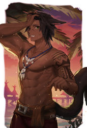 Rule 34 | 1boy, abs, animal ears, arm up, warrior of light (ff14), bad id, bad pixiv id, belt, black hair, black tail, bodypaint, border, brown belt, cat boy, cat ears, cat tail, collarbone, commentary request, dark-skinned male, dark skin, evening, facial scar, final fantasy, final fantasy xiv, green eyes, grin, hand on own forehead, hands up, jewelry, looking at viewer, male focus, miqo&#039;te, mn (zig r14), necklace, nipples, orange sky, outdoors, outside border, palm tree, pier, red shorts, scar, scar on cheek, scar on face, short hair, shorts, shoulder tattoo, sky, smile, solo, tail, tattoo, toned, toned male, tree, water, wet, white border