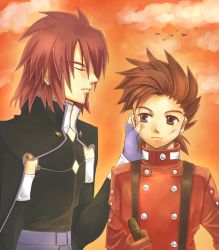 Rule 34 | 00s, 2boys, age difference, belt, bird, brown eyes, brown hair, cloud, closed eyes, father and son, fingerless gloves, gloves, kratos aurion, lloyd irving, male focus, multiple boys, red hair, sunset, suspenders, tales of (series), tales of symphonia