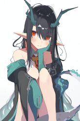 Rule 34 | 1girl, arknights, bare shoulders, black hair, black jacket, blush, closed mouth, commentary, dragon girl, dragon horns, dragon tail, dress, dusk (arknights), earrings, feet out of frame, green hair, hair over one eye, hand up, highres, horns, jacket, jewelry, knees up, long hair, matchadzuke, multicolored hair, off-shoulder jacket, off shoulder, open clothes, open jacket, pointy ears, red eyes, simple background, sitting, sleeveless, sleeveless dress, solo, streaked hair, tail, very long hair, white background, white dress