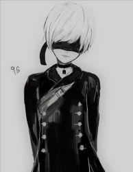 Rule 34 | 1boy, akitama2727, black blindfold, black jacket, blindfold, choker, closed mouth, grey background, grey hair, hair over one eye, jacket, long sleeves, looking at viewer, monochrome, nier:automata, nier (series), short hair, simple background, smile, solo, 9s (nier:automata)