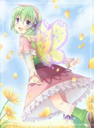 Rule 34 | 1girl, :d, antennae, bad id, bad pixiv id, boots, butterfly wings, dress, flower, full body, green hair, hair between eyes, hair ornament, hair ribbon, insect wings, kohaku (rune factory), long sleeves, looking at viewer, mini mamu, open mouth, petals, ribbon, rune factory, rune factory 4, shirt, short hair, skirt, smile, solo, wings
