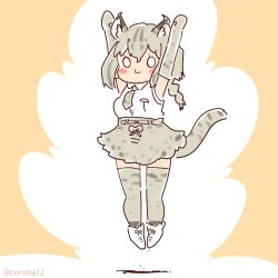 Rule 34 | 1girl, animal ears, arms up, bobcat (kemono friends), brown background, cat ears, cat girl, cat tail, coroha, elbow gloves, extra ears, full body, gloves, grey hair, jumping, kemono friends, kemono friends 3, long hair, looking at viewer, necktie, shirt, shoes, skirt, sleeveless, sleeveless shirt, solo, tail, thighhighs