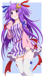 Rule 34 | 1girl, adapted costume, alternate costume, alternate hairstyle, bow, breasts, crescent, crescent hair ornament, eichi yuu, frilled skirt, frills, hair bow, hair ornament, hair ribbon, highres, long hair, looking at viewer, parted lips, patchouli knowledge, purple eyes, purple hair, ribbon, simple background, skirt, solo, thighhighs, touhou, two-tone background, two side up, very long hair, white thighhighs