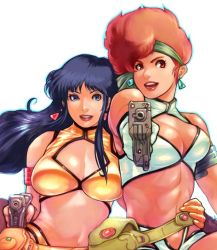 Rule 34 | 2girls, aiming, aiming at viewer, blue eyes, blue hair, breasts, cleavage, dark skin, dark-skinned female, dirty pair, gun, hand on another&#039;s hip, holding, holding gun, holding weapon, kei (dirty pair), looking to the side, medium breasts, midriff, multiple girls, open mouth, red eyes, red hair, vigwer, weapon, white background, yuri (dirty pair)