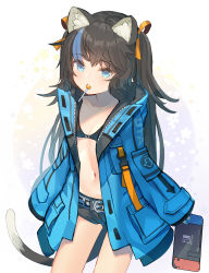 Rule 34 | 1girl, animal ear fluff, animal ears, belt, bikini, bikini top only, black bikini, black hair, black shorts, blue eyes, blue jacket, blue nails, candy, cat ears, cat girl, cat tail, collarbone, cowboy shot, fang, flat chest, food, hair ribbon, holding, hood, hood down, hooded jacket, jacket, lollipop, long hair, long sleeves, looking at viewer, mouth hold, multicolored hair, nail polish, navel, nintendo switch, open clothes, open jacket, original, ribbon, rk (rktorinegi), short shorts, shorts, sleeves past fingers, sleeves past wrists, solo, standing, stomach, streaked hair, swimsuit, tail, thighs, two-tone hair, very long hair, yellow ribbon