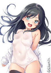 Rule 34 | 1girl, :d, aqua eyes, arms behind back, asashio (kancolle), black hair, black thighhighs, blue eyes, blush, breasts, collarbone, covered navel, cowboy shot, ebifurya, floating hair, highres, jacket, kantai collection, long hair, one-piece swimsuit, open mouth, revision, round teeth, school swimsuit, shirt, simple background, sleeves past wrists, small breasts, smile, solo, swimsuit, teeth, thighhighs, twitter username, white background, white jacket, white school swimsuit, white shirt, white one-piece swimsuit