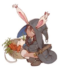 Rule 34 | 1girl, animal ears, animal hands, basket, blush, boots, bow, braid, brown footwear, brown hair, carrot, commentary, dagger, dark-skinned female, dark skin, ear bow, ears through headwear, from side, full body, green eyes, hair between eyes, hat, highres, knife, long hair, long sleeves, looking at viewer, looking to the side, monster girl, parted lips, rabbit ears, robe, sitting, solo, squatting, timbougami, twin braids, weapon, witch hat