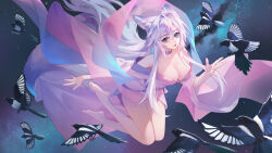 Rule 34 | 1girl, absurdres, animal ears, bare shoulders, barefoot, bird, breasts, chinese clothes, choker, cleavage, fang, feet, flying, fox ears, galaxy, hair between eyes, highres, kirby d a, large breasts, legs, long hair, long sleeves, looking at viewer, magpie, milky way, open mouth, original, revision, soles, solo, star (sky), toes, white hair, wide sleeves