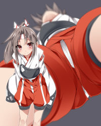 Rule 34 | 1girl, blush, brown eyes, commentary request, from below, grey background, hachimaki, headband, high ponytail, highres, japanese clothes, kantai collection, kimono, light brown hair, long hair, mtu (orewamuzituda), multiple views, muneate, panties, red shorts, shorts, simple background, sleeves past wrists, smile, underwear, white kimono, white panties, wide sleeves, zuihou (kancolle)