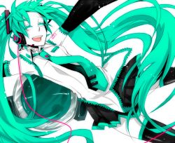Rule 34 | 1girl, aqua hair, black thighhighs, closed eyes, detached sleeves, dutch angle, female focus, hair ornament, happy, hatsune miku, headset, laughing, long hair, melt (vocaloid), microphone, miniskirt, miyake achi, necktie, pleated skirt, simple background, skirt, smile, solo, thighhighs, twintails, very long hair, vocaloid, zettai ryouiki