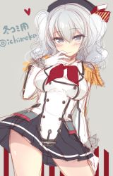 Rule 34 | 10s, 1girl, breasts, buttons, epaulettes, female focus, gloves, grey hair, ichiyou moka, jacket, kantai collection, kashima (kancolle), large breasts, looking at viewer, military, military uniform, miniskirt, sidelocks, simple background, sketch, skirt, smile, solo, tsurime, twintails, uniform, wavy hair, white gloves