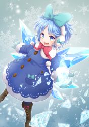 Rule 34 | 1girl, :d, adapted costume, ahoge, bad id, bad pixiv id, blue bow, blue eyes, blue hair, blue pantyhose, boots, bow, broken, buttons, cirno, coat, cross-laced footwear, earmuffs, eyebrows, hair bow, ice, ice wings, lace-up boots, legs apart, long sleeves, looking at viewer, matching hair/eyes, messy hair, mitsucho, mittens, open mouth, outstretched arms, pantyhose, pom pom (clothes), red bow, short hair, smile, snowflakes, solo, stitches, teeth, touhou, wings, winter clothes