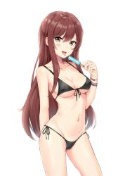 Rule 34 | 1girl, absurdres, bad id, bad pixiv id, bikini, black bikini, blush, bracelet, breasts, brown hair, cleavage, collarbone, food, front-tie bikini top, front-tie top, highres, holding, holding food, ice cream, idolmaster, idolmaster shiny colors, jewelry, long hair, looking at viewer, medium breasts, navel, open mouth, osaki amana, popsicle, side-tie bikini bottom, simple background, smile, solo, standing, stomach, swept bangs, swimsuit, syan (4767269), thighs, tongue, tongue out, white background, yellow eyes