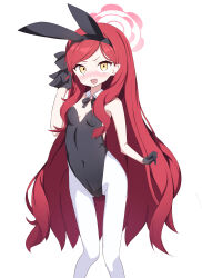 Rule 34 | 1girl, absurdres, alternate costume, animal ears, ben1shoga, blue archive, blush, breasts, commentary request, covered navel, fake animal ears, gloves, halo, headband, highres, looking at viewer, open mouth, pantyhose, rabbit, red hair, simple background, small breasts, solo, takane (blue archive), white background, yellow eyes