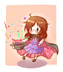 Rule 34 | 1girl, ahoge, arinu, brown eyes, brown hair, cape, clothes writing, glasses, gradient background, hand on own hip, hat, red-framed eyewear, solid oval eyes, solo, touhou, usami sumireko