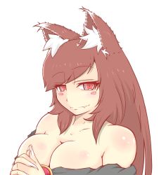 Rule 34 | 1girl, animal ears, bare shoulders, blush stickers, breasts, brown hair, cleavage, cube85, fang, imaizumi kagerou, large breasts, long hair, looking at viewer, red eyes, simple background, smile, solo, touhou, upper body, very long hair, white background, wolf ears