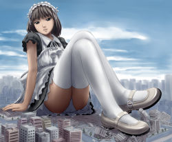 Rule 34 | 1girl, arm support, building, cloud, crossed legs, day, giant, giantess, maid, maid headdress, manzi, mary janes, original, panties, pantyshot, shoes, sitting, sky, solo, thighhighs, underwear, white footwear, white panties, white thighhighs, zettai ryouiki