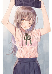 Rule 34 | 1girl, ;o, armpits, arms up, bag, bare arms, black skirt, blue skirt, blush, bra, bra visible through clothes, brown eyes, brown hair, buttons, collared shirt, commentary request, dress shirt, green ribbon, hair between eyes, highres, holding, holding bag, improvised umbrella, long hair, looking at viewer, minasenagi, neck ribbon, one eye closed, open mouth, original, pink bra, pleated skirt, purple bra, rain, ribbon, school bag, school uniform, see-through, shirt, shirt tucked in, short sleeves, sidelocks, skirt, solo, underwear, upper body, very long hair, water, wet, wet clothes, wet shirt, white shirt
