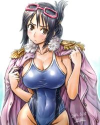 Rule 34 | 1girl, amania orz, black hair, breasts, cleavage, coat, covered navel, cowboy shot, curvy, eyewear on head, frown, glasses, gradient background, highleg, highleg swimsuit, large breasts, looking at viewer, navel, one-piece swimsuit, one piece, shiny clothes, short hair, simple background, skindentation, solo, sweatdrop, swimsuit, tashigi, white background