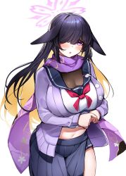 Rule 34 | 1girl, animal ears, black hair, blue archive, blush, breasts, casul, cleavage, clothes lift, halo, highres, large breasts, lifting own clothes, navel, one eye covered, open mouth, purple eyes, purple scarf, scarf, school uniform, see-through, see-through cleavage, shirt lift, side slit, skirt, tsukuyo (blue archive), undershirt, white background