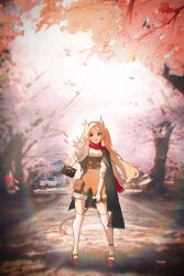 Rule 34 | 1girl, alternate costume, animal ears, archetto (arknights), arknights, bag, bird ears, blonde hair, blue eyes, buttons, cape, cherry blossoms, heterochromia, highres, holding, holding phone, long hair, long sleeves, niconico (user kvdf3537), outdoors, phone, red eyes, red scarf, road, scarf, solo, standing, sweater, thighhighs, tree, waving, white sweater, white thighhighs, wide shot