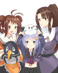 Rule 34 | 10s, 3girls, akaneyu akiiro, antenna hair, bird, blue eyes, blush, brown eyes, brown hair, crescent, crescent hair ornament, double bun, elbow gloves, failure penguin, gloves, hair bun, hair ornament, hand on own hip, holding, kantai collection, long hair, long sleeves, miss cloud, multiple girls, nachi (kancolle), naka (kancolle), navel, object on head, open mouth, penguin, purple hair, school uniform, short hair, short hair with long locks, side ponytail, simple background, skirt, stuffed toy, white background, yayoi (kancolle)