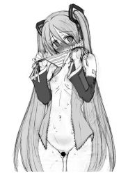 Rule 34 | 1girl, absurdres, blush, bottomless, censored, detached sleeves, greyscale, hatsune miku, highres, long hair, minashika.t, monochrome, navel, necktie, open clothes, open shirt, panties, shirt, side-tie panties, simple background, sketch, solo, striped clothes, striped panties, sweat, taki minashika, twintails, underwear, very long hair, vocaloid, white background