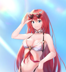 Rule 34 | 1girl, absurdres, alexiel (summer) (granblue fantasy), bare arms, bare shoulders, bikini, breasts, cleavage, collarbone, commentary request, eyewear on head, godsworn alexiel, granblue fantasy, hair between eyes, highres, large breasts, long hair, looking at viewer, qoray7, red hair, smile, solo, sunglasses, swimsuit, upper body