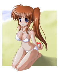 Rule 34 | 00s, 1girl, barefoot, beach, bikini, blue eyes, breasts, brown hair, cleavage, final (artist), gift, highres, holding, holding gift, kneeling, long hair, lyrical nanoha, mahou shoujo lyrical nanoha, mahou shoujo lyrical nanoha strikers, medium breasts, narurun (final123), purple eyes, seiza, side ponytail, sitting, smile, solo, swimsuit, takamachi nanoha