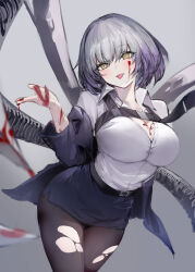Rule 34 | 1girl, absurdres, belt, belt buckle, black belt, black pantyhose, blood, blood on breasts, blood on face, blood on hands, blue jacket, blue skirt, breasts, brown eyes, buckle, cleavage, closed mouth, collared shirt, commentary request, dress shirt, girls&#039; frontline, grey background, grey hair, hair between eyes, hand up, highres, irikawa, jacket, medium breasts, morridow (boss) (girls&#039; frontline), morridow (girls&#039; frontline), off shoulder, open clothes, open jacket, pantyhose, pencil skirt, shirt, skirt, solo, tongue, tongue out, torn clothes, torn pantyhose, white shirt