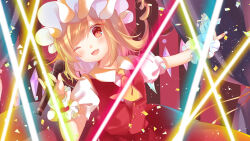 Rule 34 | 1girl, absurdres, ascot, blonde hair, breasts, buttons, cacao (cacaomgmg), collared shirt, concert, cowboy shot, crystal, curtains, flandre scarlet, hat, head tilt, highres, holding, holding microphone, microphone, mob cap, multicolored wings, one eye closed, puffy short sleeves, puffy sleeves, red eyes, red skirt, red vest, shirt, short sleeves, skirt, small breasts, solo, touhou, vest, white hat, white shirt, wings, wrist cuffs, yellow ascot