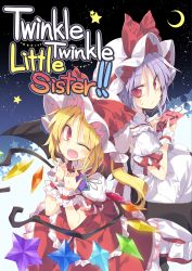Rule 34 | 2girls, blonde hair, bow, commentary request, cover, cover page, crescent moon, dress, fang, flandre scarlet, frilled dress, frills, hands together, hat, hat bow, light purple hair, looking at viewer, mob cap, moon, multiple girls, one eye closed, open mouth, puffy short sleeves, puffy sleeves, red eyes, remilia scarlet, satou kibi, short hair, short sleeves, sitting, smile, star (sky), star (symbol), sweatdrop, tanabata, tanzaku, touhou, wings, wrist cuffs