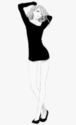 Rule 34 | 1girl, black dress, dress, full body, greyscale, hand in own hair, high heels, highres, legs, lips, long hair, long legs, monochrome, original, shoes, short dress, solo, sousou (sousouworks)