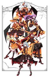 Rule 34 | 6+girls, :d, absurdres, ahoge, bandaged leg, bandages, bat wings, black skirt, blonde hair, blue eyes, blue hair, book, boots, bow, braid, brown skirt, brown vest, demon wings, embodiment of scarlet devil, flandre scarlet, frills, green eyes, hair bow, hair ornament, halloween, halloween costume, high heels, highres, hong meiling, izayoi sakuya, jack-o&#039;-lantern, jack-o&#039;-lantern hair ornament, koakuma, long hair, long sleeves, looking at viewer, multiple girls, neck ribbon, open mouth, orange shirt, orange skirt, outstretched arms, patchouli knowledge, puffy short sleeves, puffy sleeves, purple eyes, purple hair, red eyes, red hair, red ribbon, remilia scarlet, ribbon, shirt, short hair, short sleeves, side ponytail, sidelocks, skirt, smile, spread arms, touhou, twin braids, underbust, vest, white background, wings, wrist cuffs, yutapon
