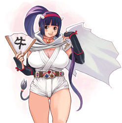 Rule 34 | 1girl, :3, blue hair, breasts, brown eyes, cape, cow girl, cow horns, cow tail, hand fan, highres, horns, huge breasts, mugen no fantasia, ryoji (nomura ryouji), solo, tail